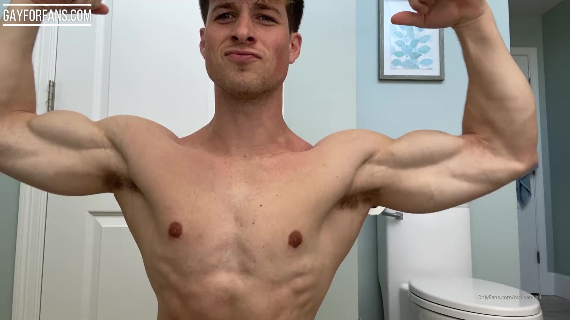 Nick Sandell flexing naked before getting in the shower - OnlyGayPorn