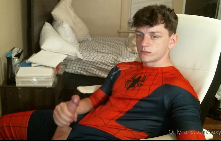 sexylax69 - Jerking off and cumming in a Spiderman suit - OnlyGayPorn