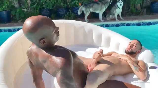 Rhyheim Shabazz - Fucking on the pool rafts with Travis White and Guzdoes - OnlyGayPorn