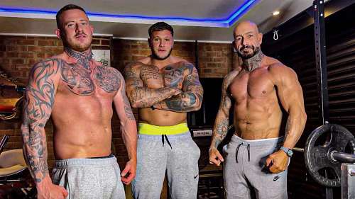 Lads being naughty during training - Big Liam, Steven Barrett and StackedBigG jerk off - OnlyGayPorn