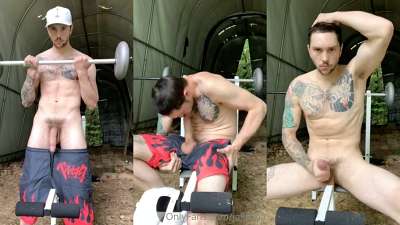 Jake Hart jerks off on weight bench