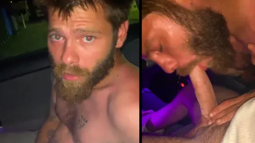 Bearded guy sucks cock in car