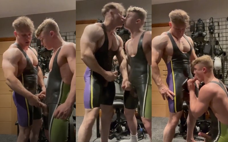 Muscle Guys Suck Each Other During Workout