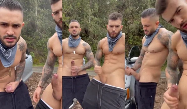 Fit guys jerk off roadside in public