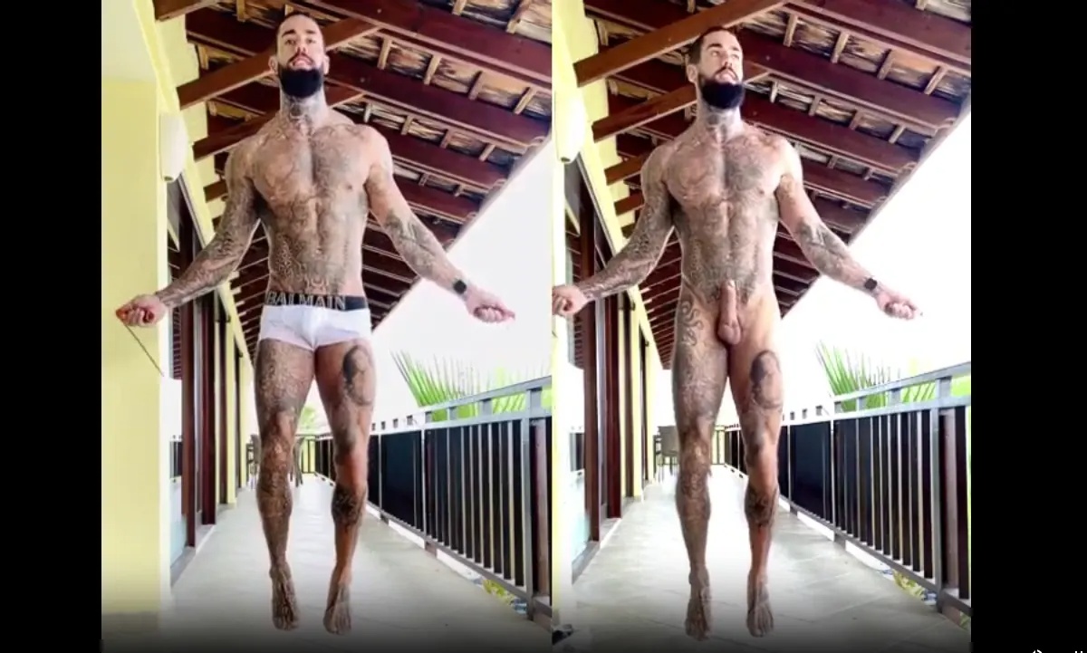 Tatted fitness instructor naked jump rope workout