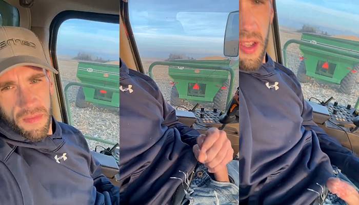 Farmer strokes hard cock in tractor cab