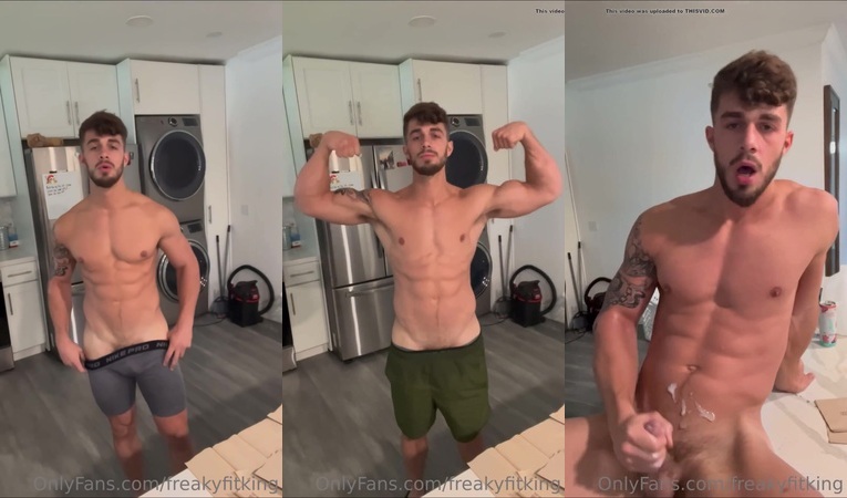 FreakyFitKing flexes muscles, strokes cock & shoots load across body