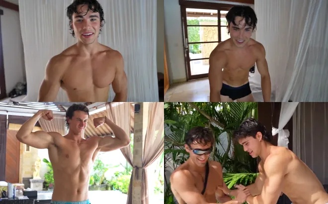 Young guys bro out shirtless together in villa