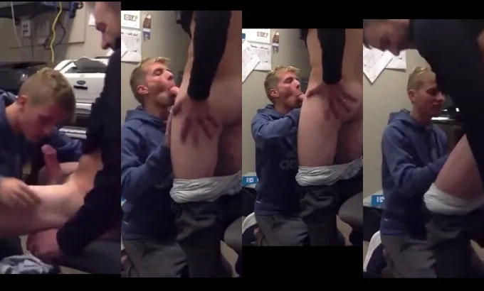 Blond boy blowjob boss backroom office