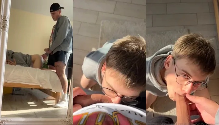 Nerdy twink sucks cock before getting fucked