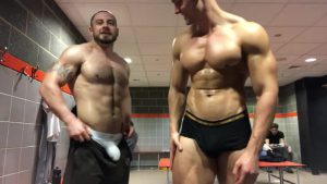 Flexing in the gym change room with a mate MrMuscle – OnlyGayPorn
